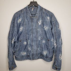 Free People Distressed Tennis Denim Jacket Size M